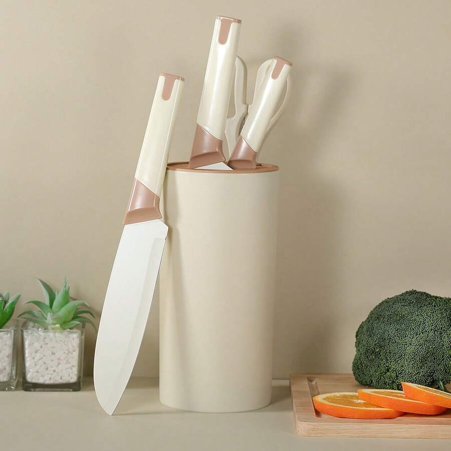 5pcs Set Coffee-Color Anti-Oxidation Non-Stick Knives With Knife Holder, Ladies' Dedicated Meat, Vegetable, Fruit And Bone Cutting Kitchen Knife Set