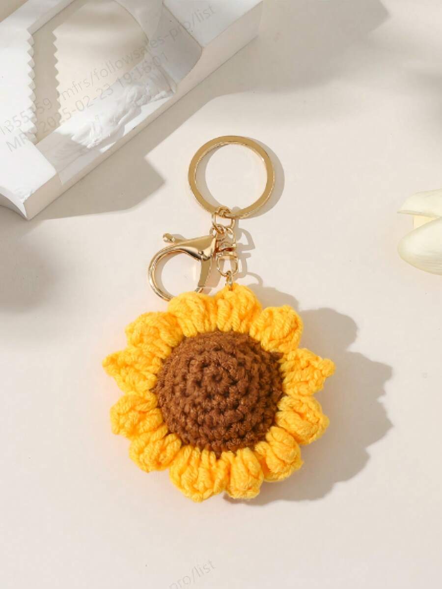 1 pieza Llavero de girasol, llavero de girasol tejido a mano, llavero de hilo tejido, colgante decorativo para bolso, regalo para un amigo