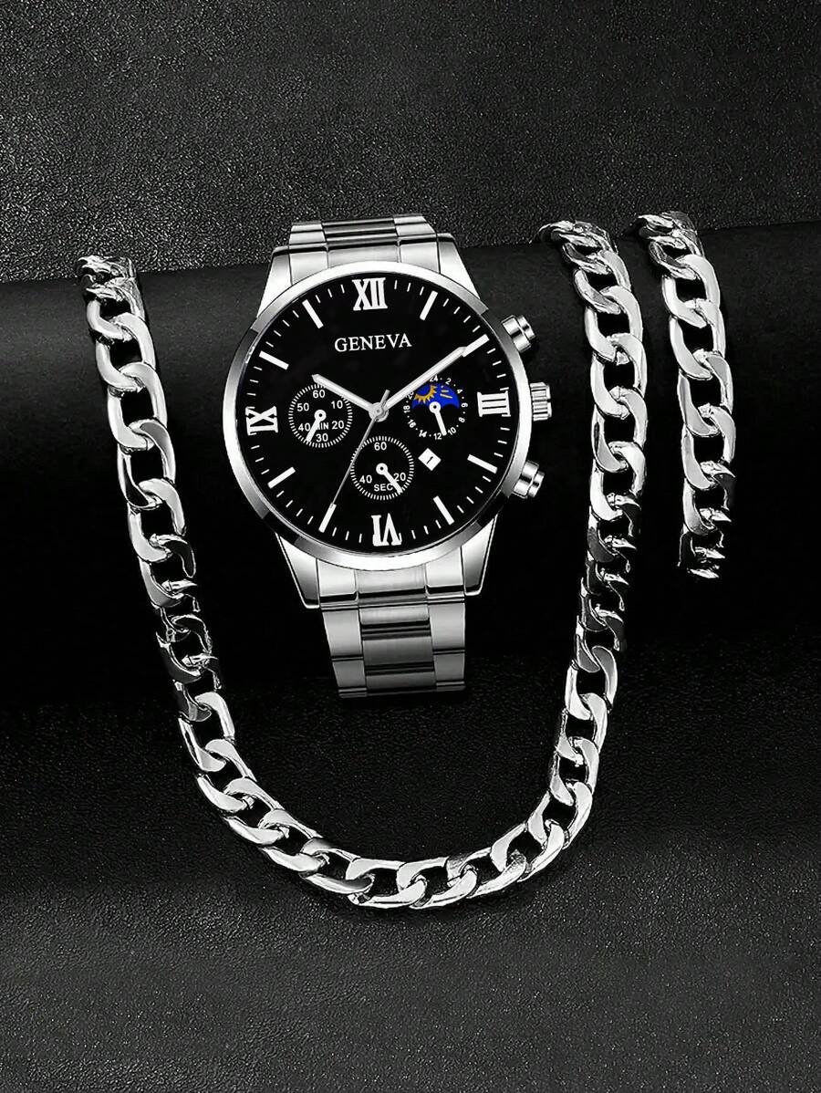 3 pièces/set Montre à quartz en acier inoxydable, bracelet et collier pour hommes et garçons, style décontracté et sportif