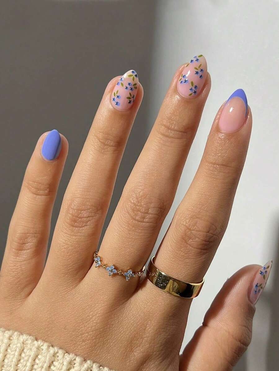 24pcs French Almond Press Nails, Spring Purple Flower Design Fully Covered Fake Nails, Reusable, Enhance Your Elegant Suitable For Female Girls Daily/Spring Outing/Date Use - Includes Nail File And Jelly Glue