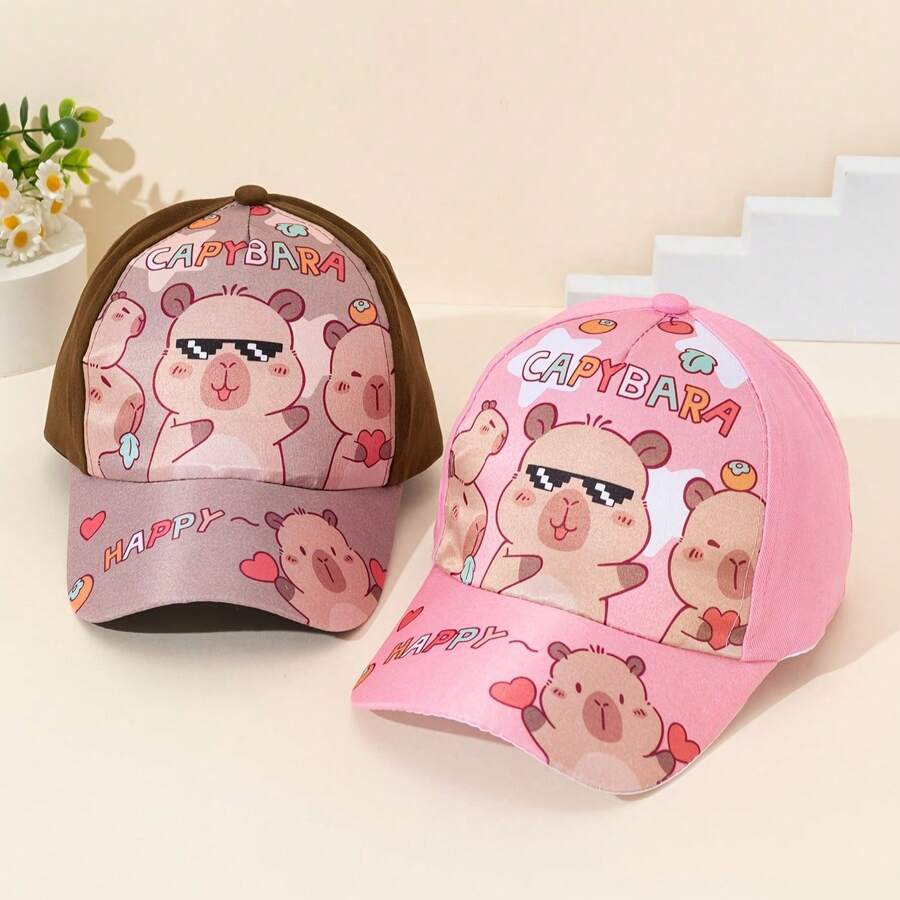 Gorra de béisbol de poliéster 100% con estampado de Capibara de dibujos animados para niños, ajustable con cierre a presión, protección solar, para uso en todas las estaciones, en color rosa para niños de 3 a 8 años, uso diario, vuelta al colegio, homecoming, regalo festivo