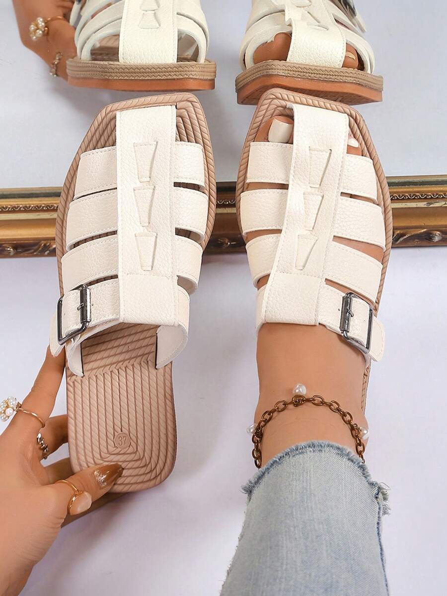 Women's Woven Crisscross Decorated Straw Bottom Sandals, Vacation Style Summer Beige Leather Flat Sandals