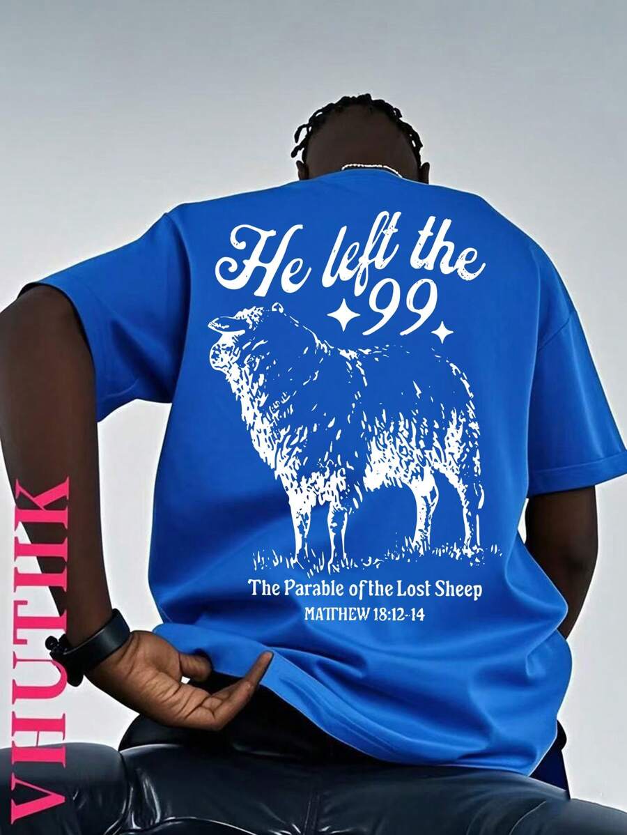 VHUTHK Double-Sided Printing (220 Pure Cotton T-Shirt) Men's Summer Round Neck Short Sleeved Casual Pure Cotton Print The Parable Ofthe Lost SheepMATTHEW 18:12-14
