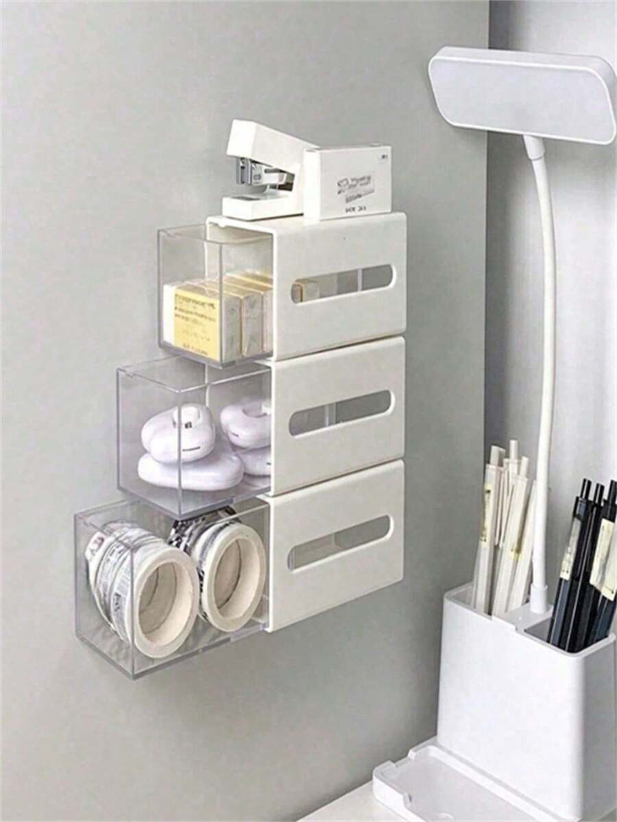 1pc White Wall Mounted Swab Storage Box & Transparent Clear Drawer Organizer For Bathroom Hair Accessories And Jewelries Home Bathroom Decor Summer Makeup Organizer