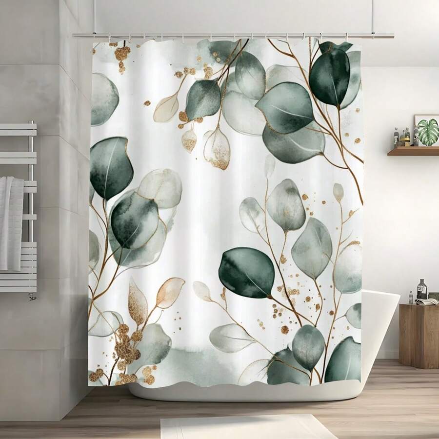 1pc Letter & Leaf Print Farmhouse Style Polyester Fabric Shower Curtain, Suitable For Bathroom Partition Home Decor, Comes With 12pcs Hooks Back To School