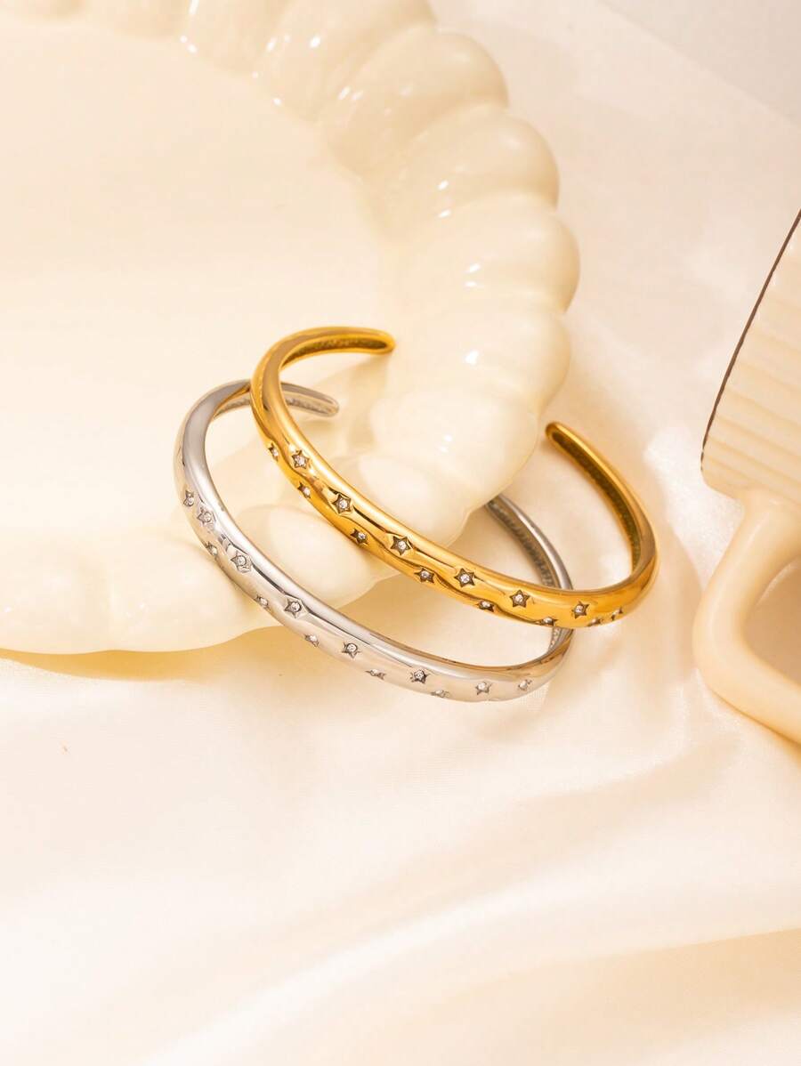 1pc Luxury Stainless Steel 18k Gold Plated Rhinestone Star Bangle Bracelet, Suitable Gift For Women, Perfect For Dates