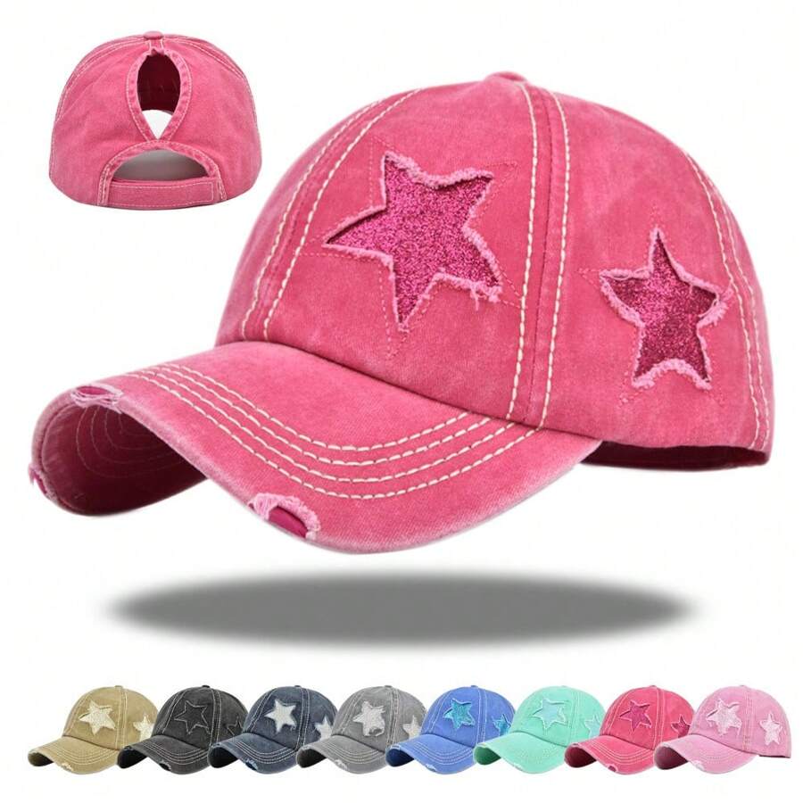 1 pieza Gorra de béisbol con agujeros y bordado de pentágono para mujer, sombrero ajustable de sol para exteriores, ideal para primavera/otoño, viajes, playa y vacaciones, apta para hombres y jóvenes en estilo Y2K