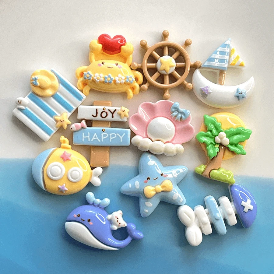 Set de 11 piezas de accesorios de resina con diseño lindo de la serie Ocean de Catone: calcomanías para refrigerador, estuche hecho a mano para teléfono móvil, caja de almacenamiento