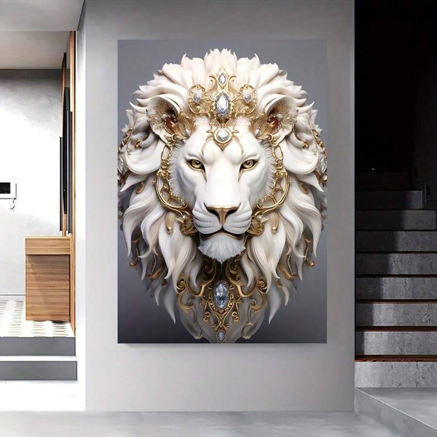 1pc, Animals Posters, White Lion Wall Arts, Golden Luxury Jewelry And Lions Decorative Painting, For Porch, Living Room, Office, Kitchen, Home Wall Decor, Gifts For Friends, No Frame Birthday Graduation