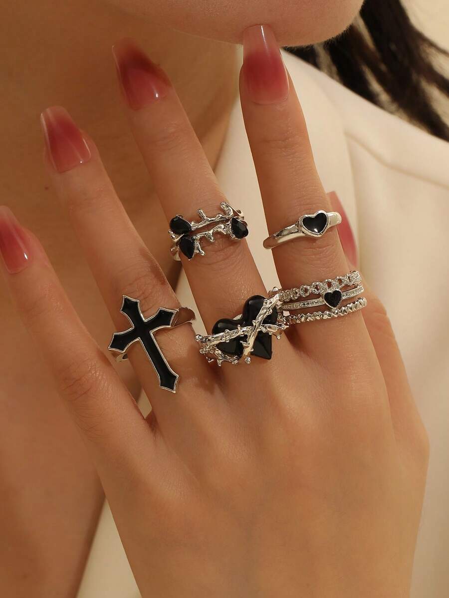 5er Set Vintage Schwarz Herz & Kreuz Strass Eingelegt Verstellbare Solitärring Set, Geeignet als Urlaubsgeschenk