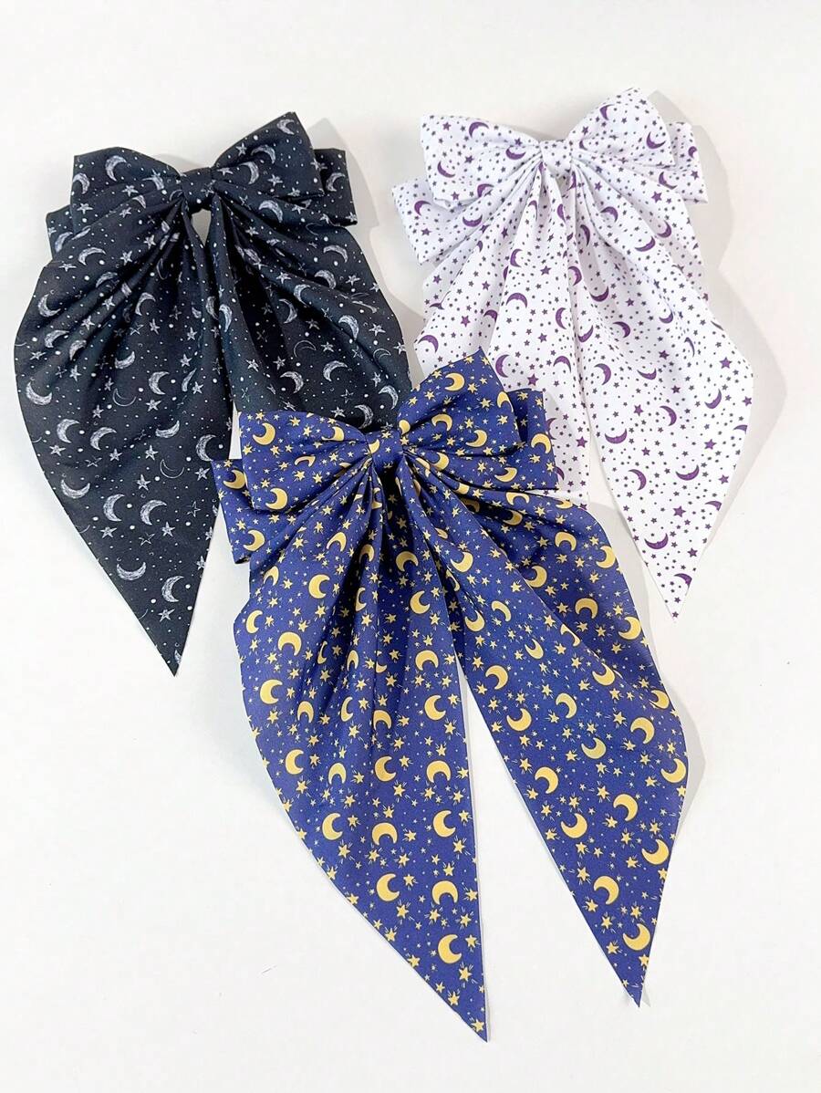 3pcs Women Star & Moon Print Simple Creative Personalized Hair Clips With Ribbons, Big Bowknot Barrette For Back Of Head, Suitable For