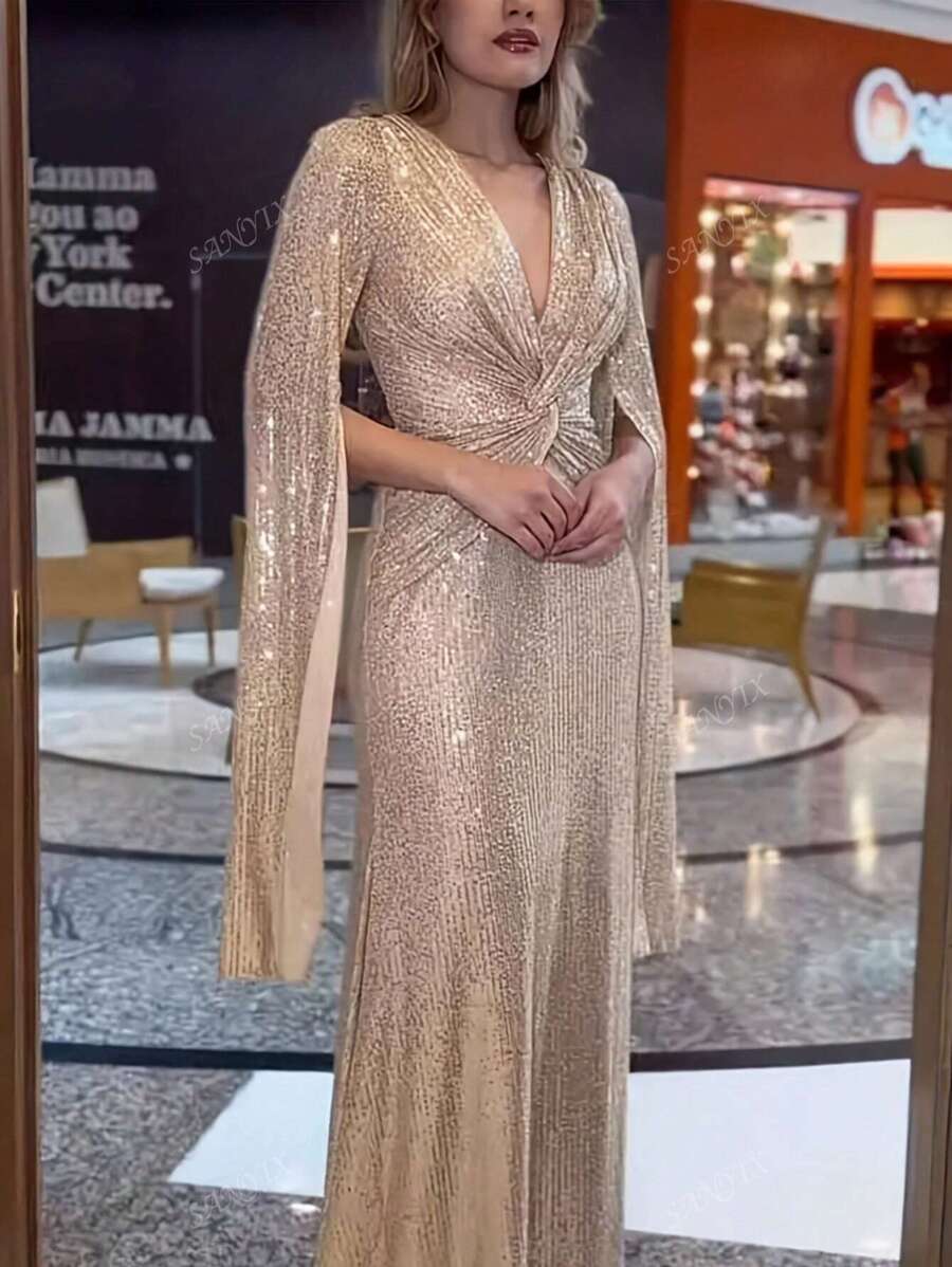 Long Sleeve Slit Design Dress, Elegant Rose Gold Suitable For Party Dinner, Women's Wear, For Cocktail