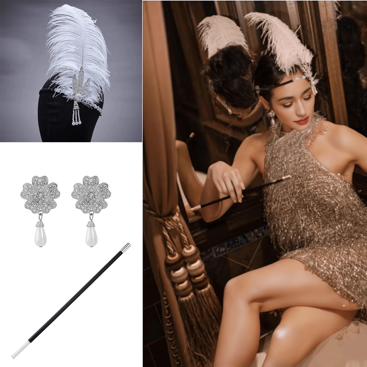 4 stuks 1920s Vrouwen Zachte Elegante Sexy Accessoires High-End Prinses Stijl Accessoires Voor Single Party, Make-up Bal, Hoofdband, Parel Hanger Oorbellen, Sigarettenhouder 3-delige Set, Carnavalsfeest Kostuum Set Prom