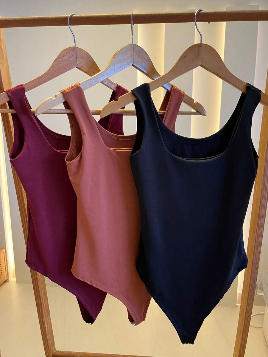 Kit 3 Body Bory Bori Women's Jumpsuit Square Neck Tank Top Thick Strap Winter Colors Suplex Double Layer Basic Travel Party Gift Beach Immediate Shipping Black Beige Brown Gray
