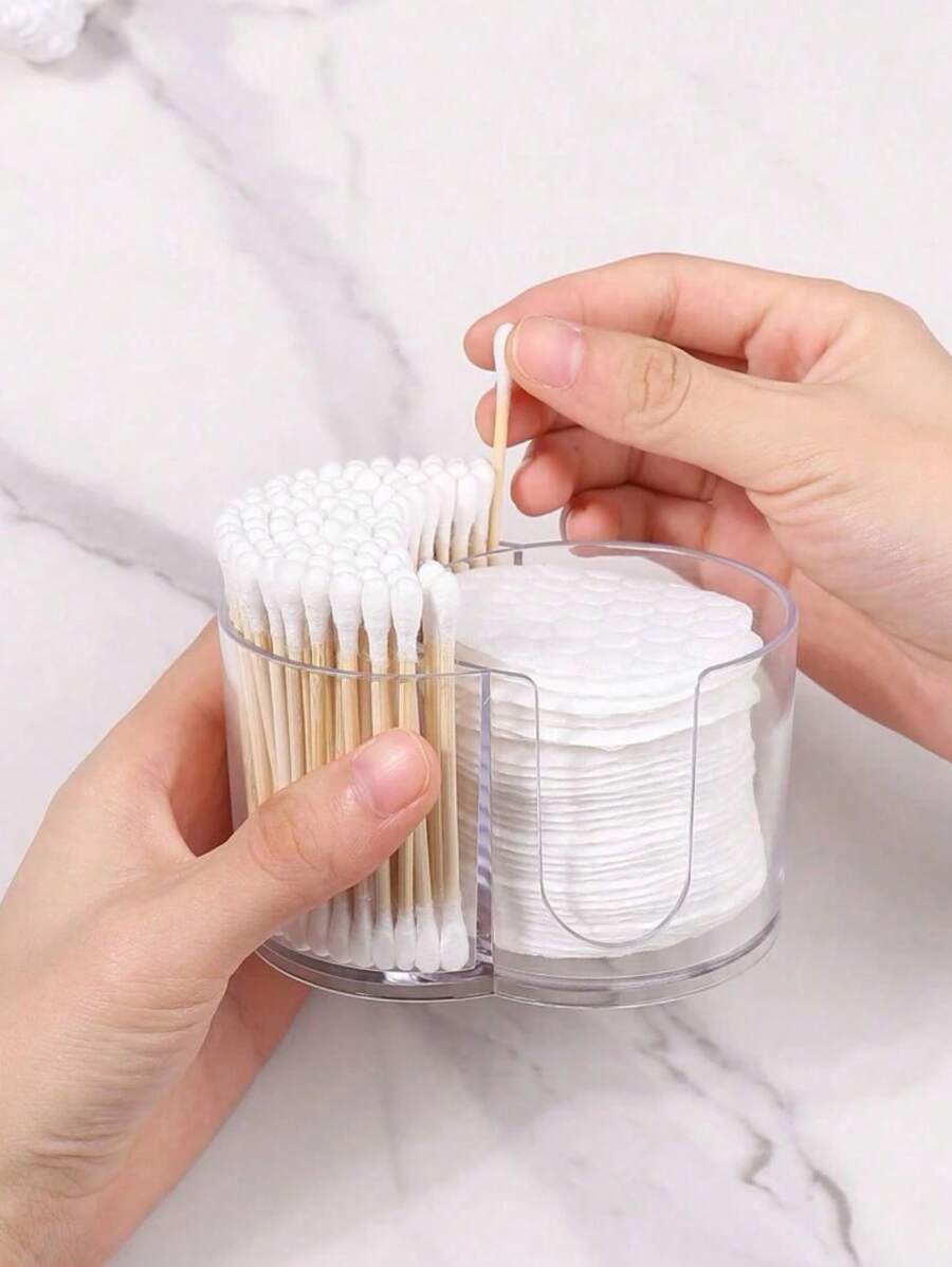 1pc Dual Compartment Round Makeup Remover Pad & Clean Swab Holder - Bathroom Desktop Organizer Storage Container, Canisters Bathroom Accessories Back To School