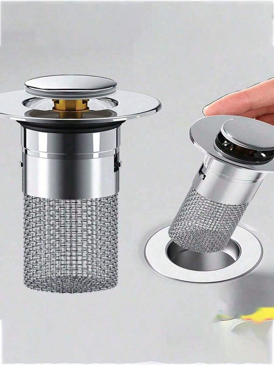 1pc Popup Sink Drain With Hair Catcher, Stainless Steel Sink Strainer, Stainless Steel Filter + Chrome Plated Plastic - Not A Universal Model, Please Confirm Size Fits Water Outlet Diameter 3.4-4.0cm Before Purchase Bathroom Decor Summer