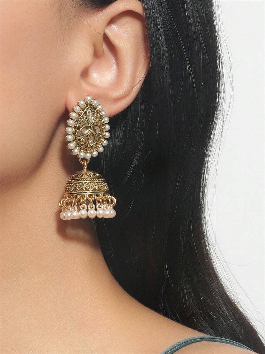 1 Pair Vintage Waterdrop Shaped Pearl & Rhinestone Tassel Alloy Bell Earrings For Women