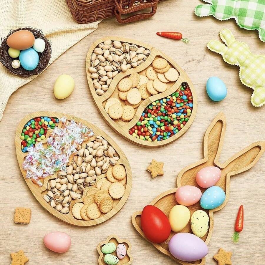 Un plateau à nourriture en forme d'œuf de lapin de Pâques en bois, plateau de partage de collation pour fête d'anniversaire, plateau décoratif en bois pour artisanat de Pâques et de Noël, plateau de grille pour fruits, bonbons et desserts, fournitures de décoration de Pâques, base de plateau délicat en forme d'œuf de lapin, plateau de fête maison pour biscuits et chocolats, décoration de cuisine en bambou créative et amusante, plateau de table à vin de fête