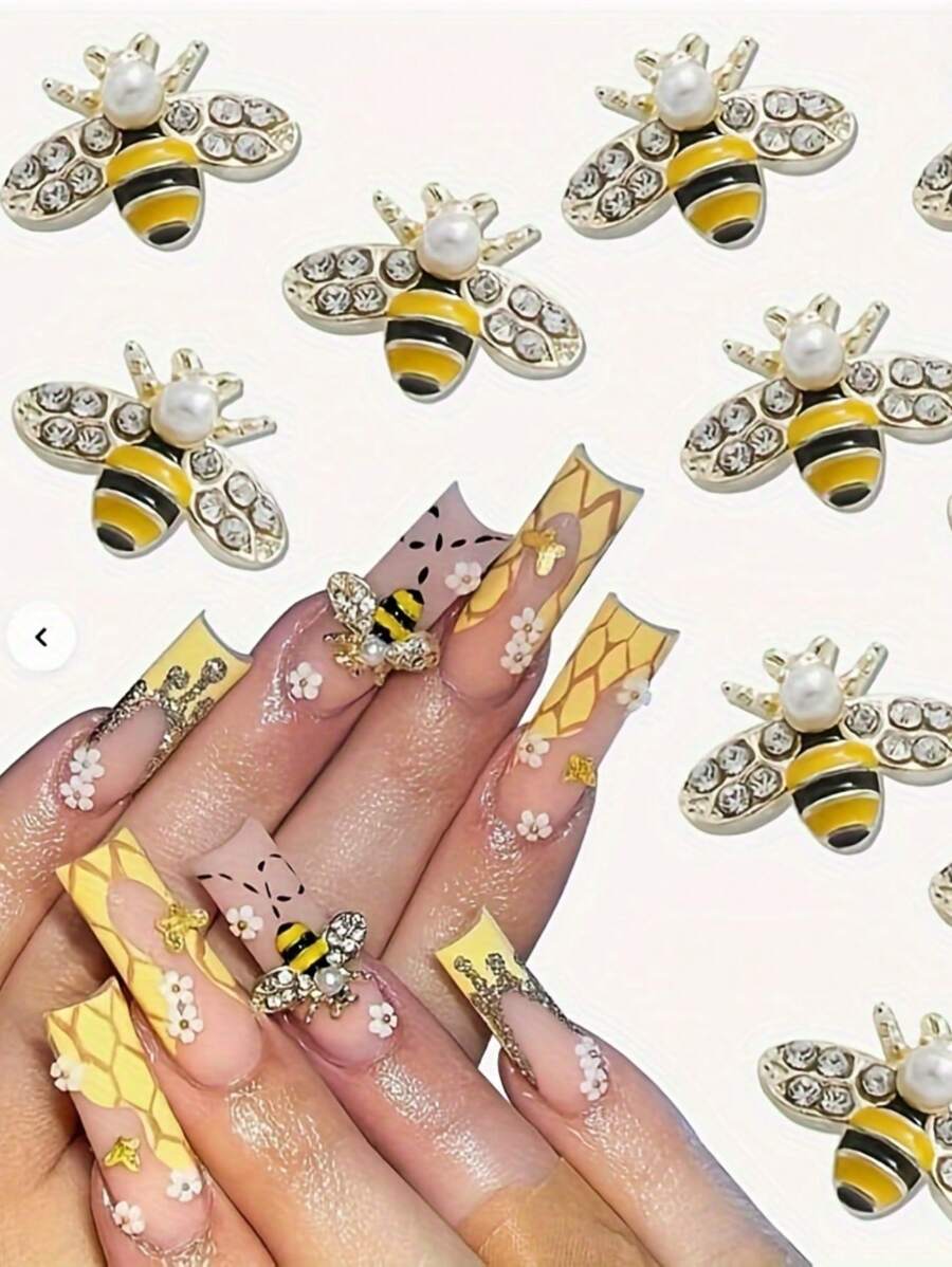 10pcs 3D Crystal Rhinestone Luxury Bee Nail Charms - Metal Nail Art Jewelry For DIY Manicure Decor - Unscented Diamond Design Craft Decoration With Vibrant Nail Decor And Rhinestone Embellishments
