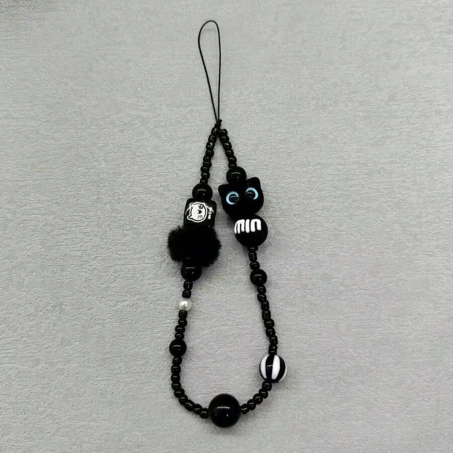 Monster Cat Black Short Lanyard Beaded Camera Wrist Strap Pendant Necklace Mobile Phone Chain Accessories Gifts For Mother, Family, Friends, Birthday, Holiday Phone Charm