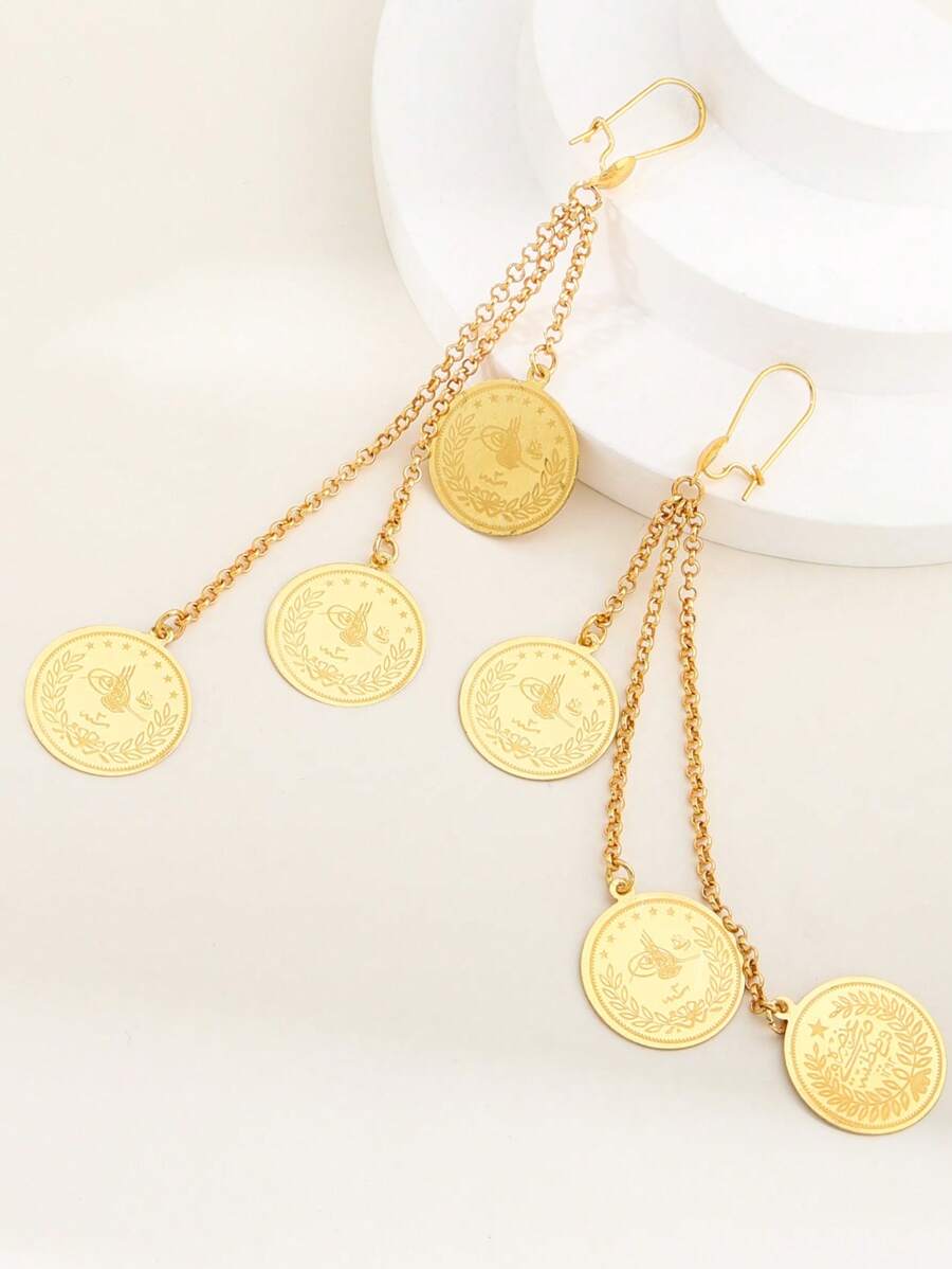 2 pezzi Orecchini pendenti con monete dorate di moda, orecchini con nappine dorate placcate in oro stile Oman e curdo, gioielli di moda per donne arabe