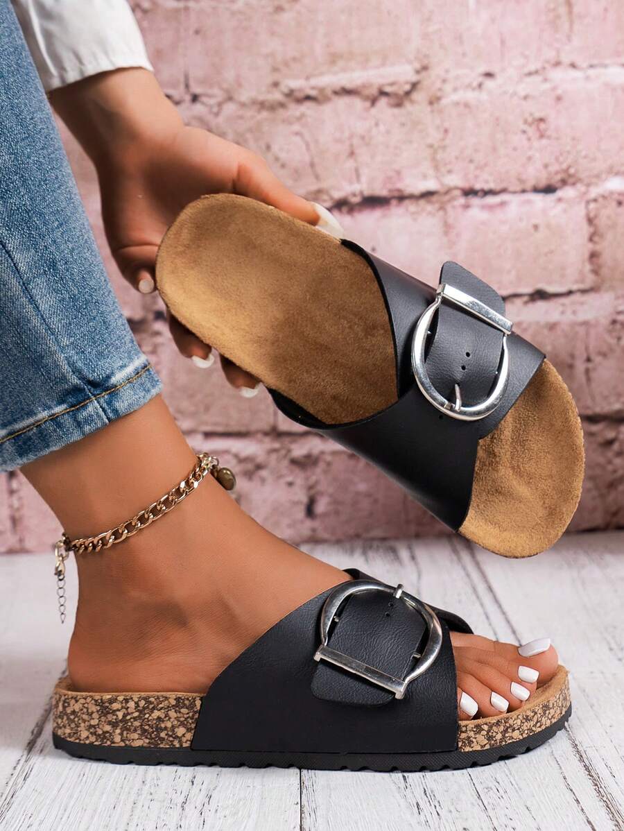 Women's Thick-Soled Waterproof Non-Slip Comfort Function Orthopedic Flat Slide Sandals With Metal Round Buckle