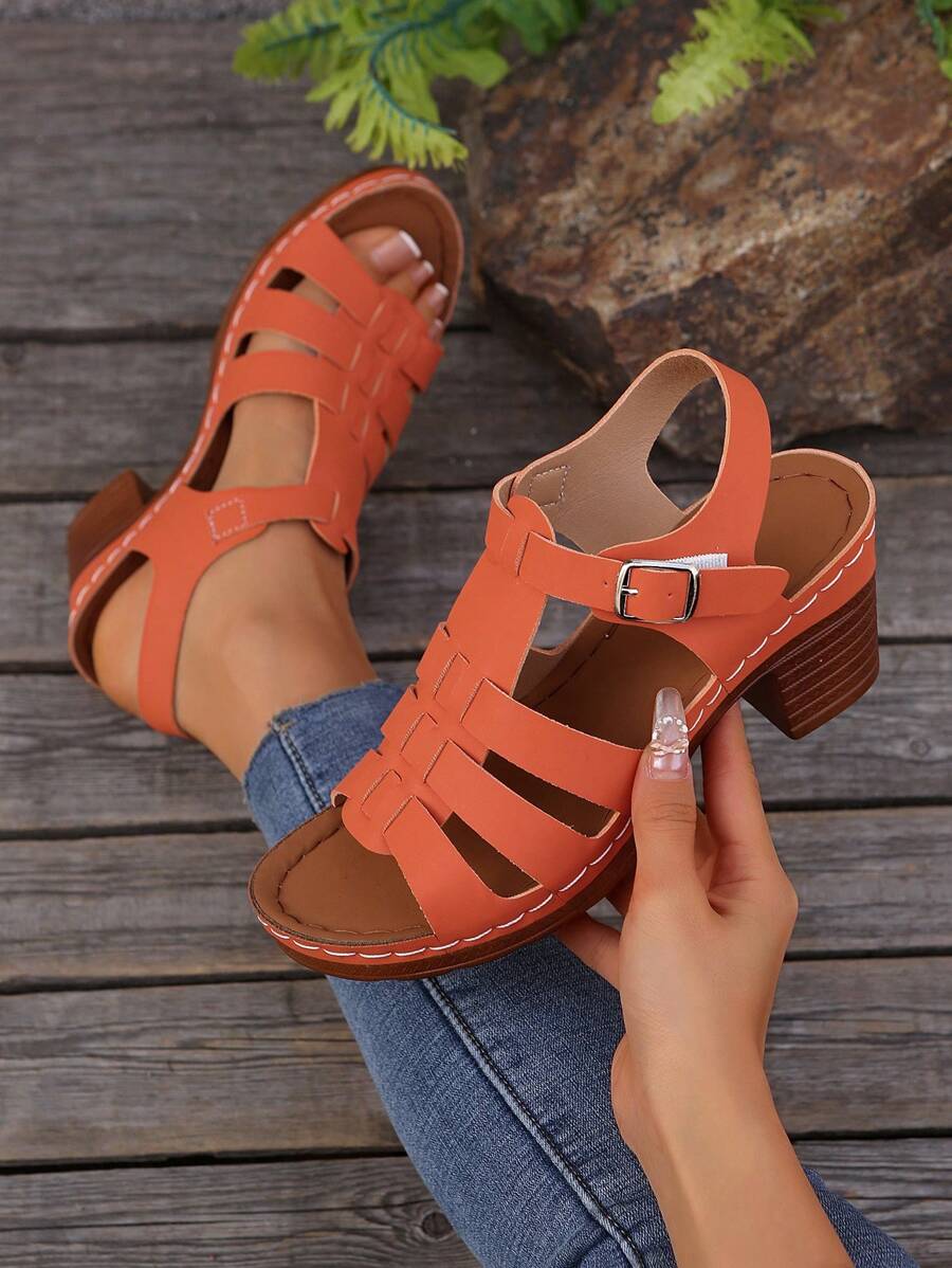 Comercio transfronterizo Tallas grandes 36-43 Sandalias de tacón alto grueso de moda color negro, sandalias blancas de uso diario con puntera abierta, sandalias para mujer de suela gruesa naranja, nuevos llegados de verano