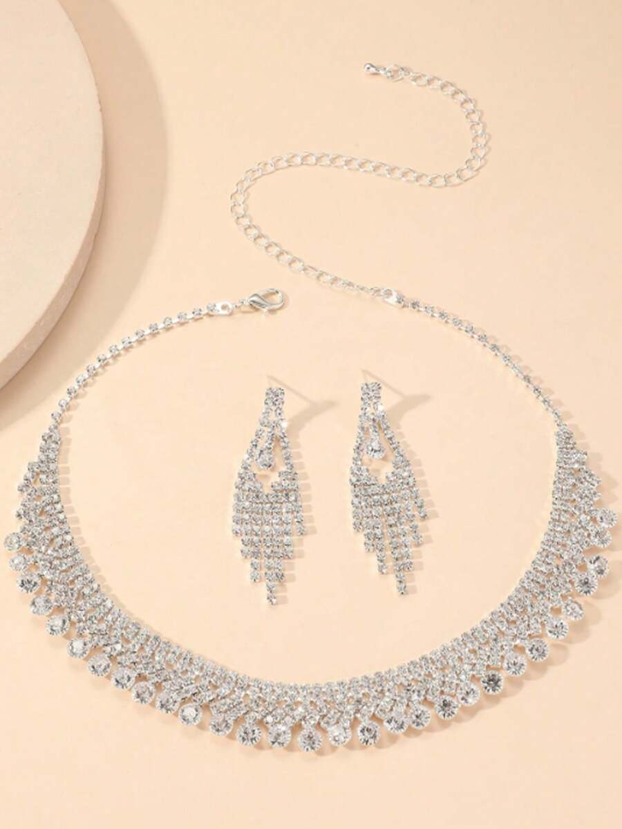 1pc Women Fully Rhinestoned Necklace & 1 Pair Fully Rhinestoned Tassel Earrings, 2Pcs Jewelry Set, Versatile Accessory For Evening Dress