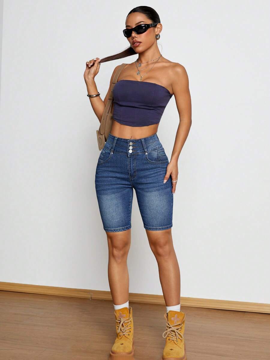 Calça Capri Denim Casual Feminina de Cintura Elástica com Bolsos, Adequada para Uso Diário