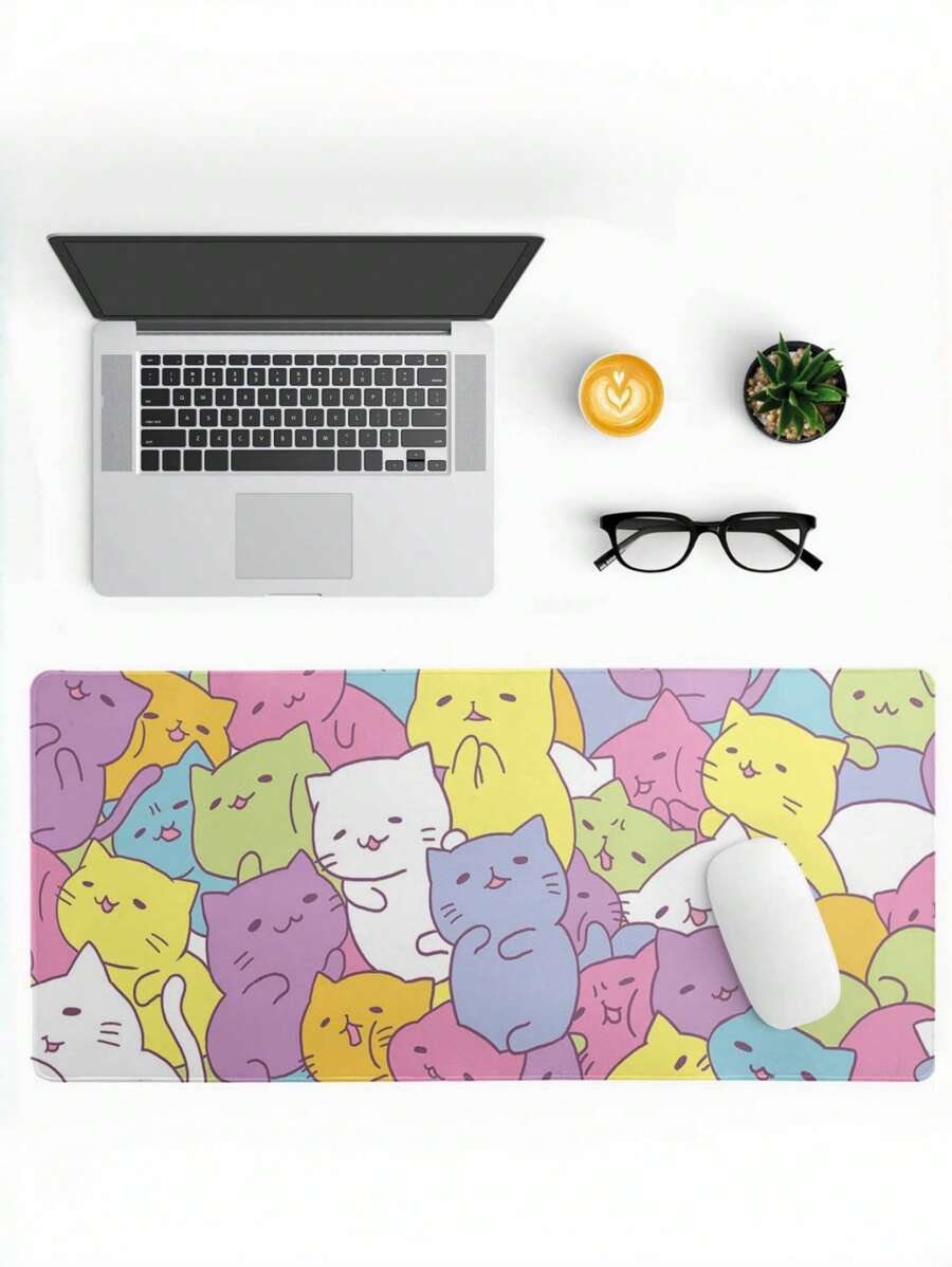 1pcCute Cat Game Mouse Pad, Large Mouse Pad, Large Computer Keyboard Pad, Sewn Edge Mouse Pad, Non-Slip Rubber Mouse Pad