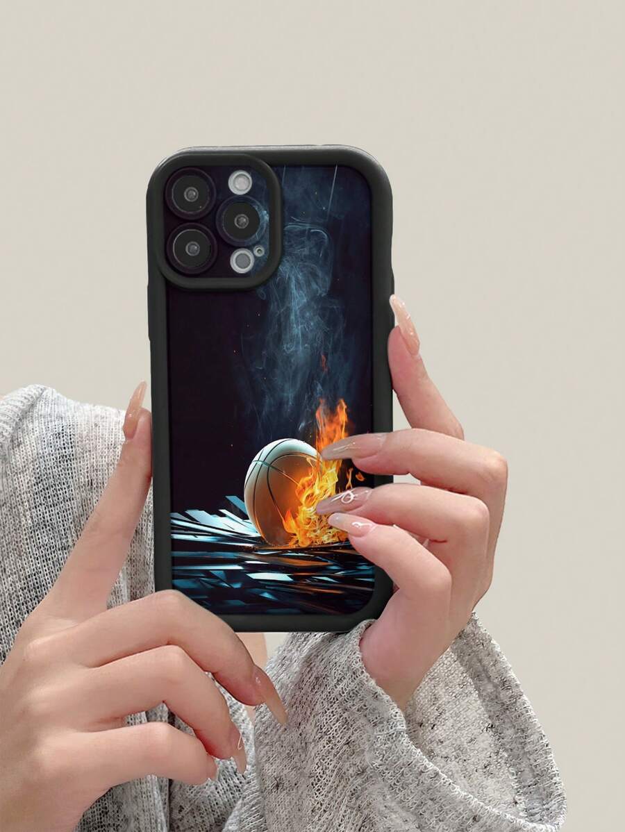 1pc Basketball Smoke-Emitting Pattern Phone Case, Luxury Black Full-Body Protection Shock-Proof Drop-Proof Thick TPU Phone Case, Compatible With IPhone 16
