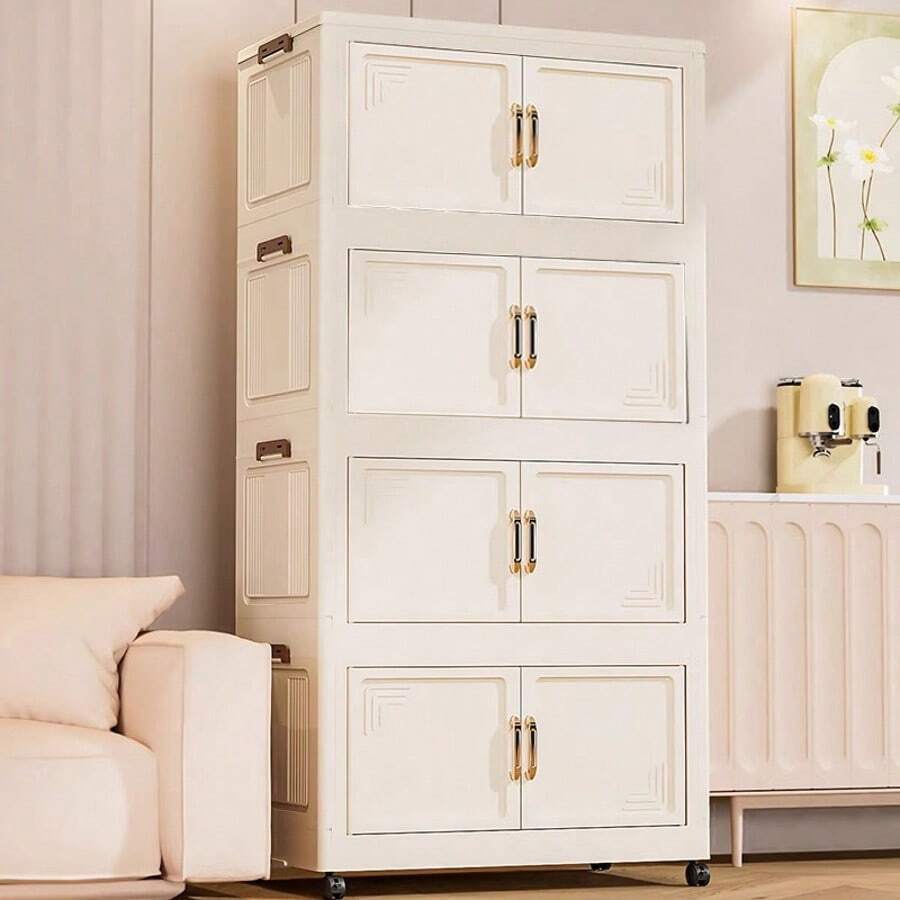 Foldable Multi-Tier Storage Box, Double Door Storage Cabinet For Clothes, Books, Snacks In Bedroom, Living Room, Cream Color