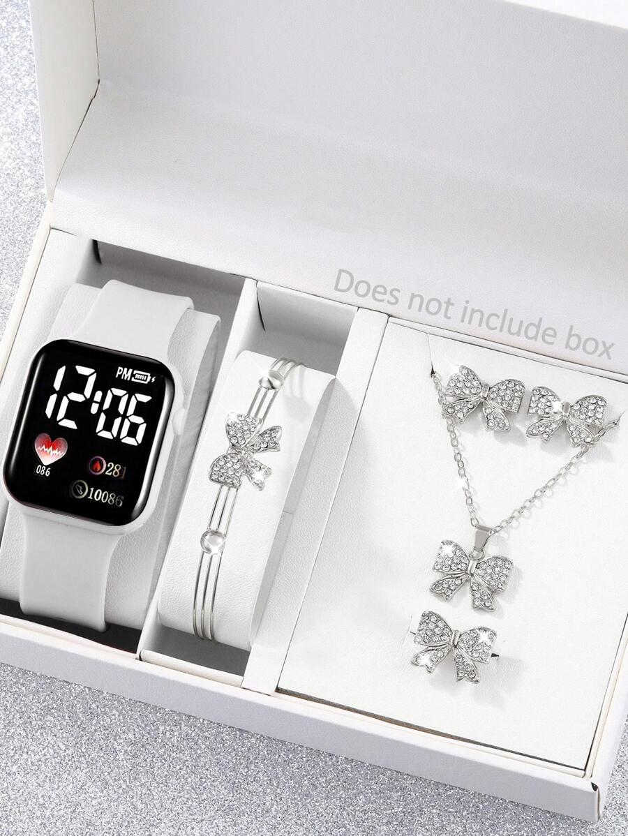 6 pièces Ensemble de montre numérique à cœur blanc et chiffres de style sport pour femmes + Ensemble de bijoux élégant avec papillon en strass