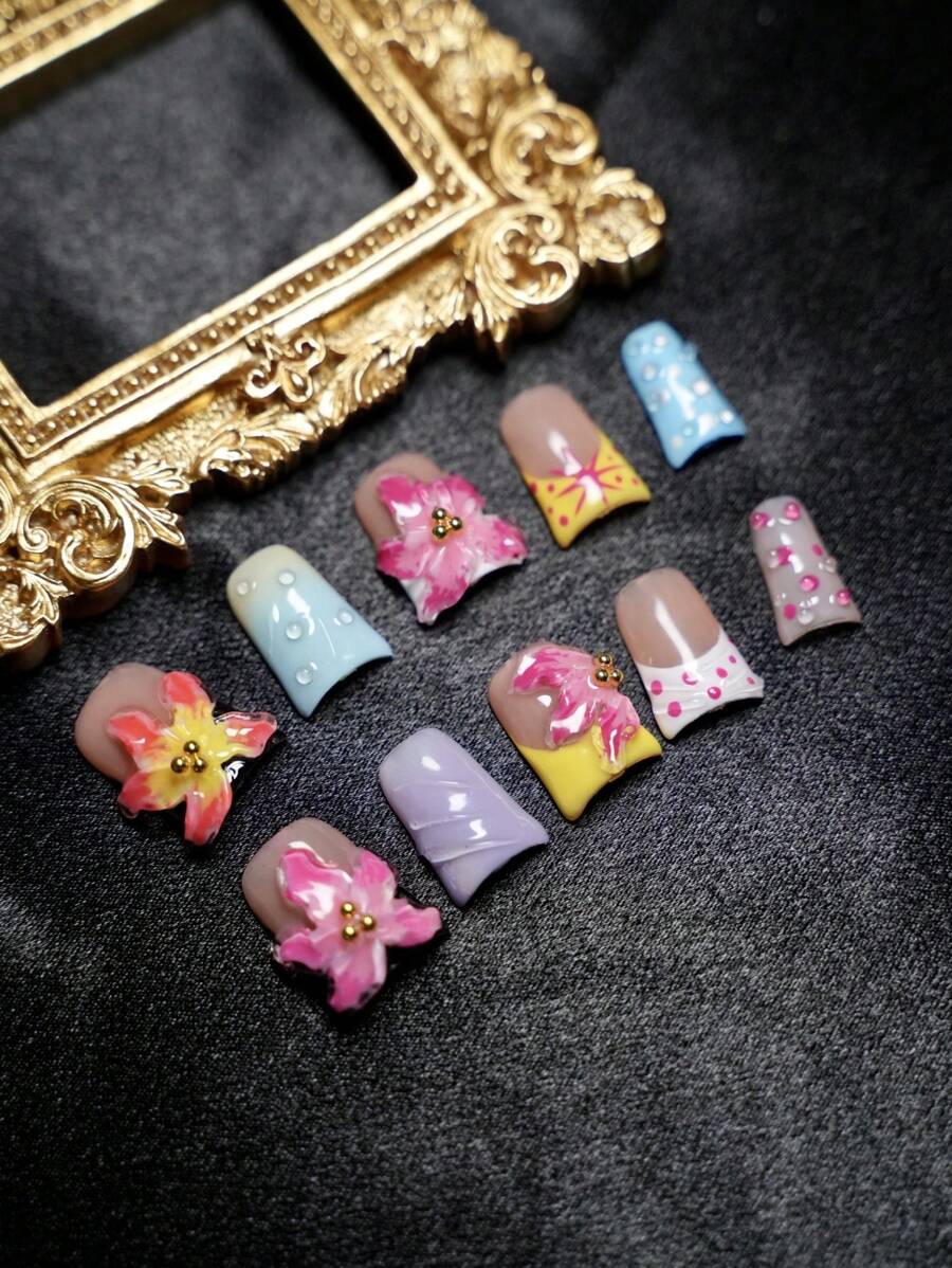 10pcs Duck Nails Handemade Press On Nails For Party And Daily Wear, 3D Rhinwstones, Flowers Handmade Flower Shaping For Girls, Easy To Wear10pcs Y2K, Short Nails And Medium Nials Shiny Atirficial Gems, Suitable For Girls And Women Festivals Parties And Daily Wear
