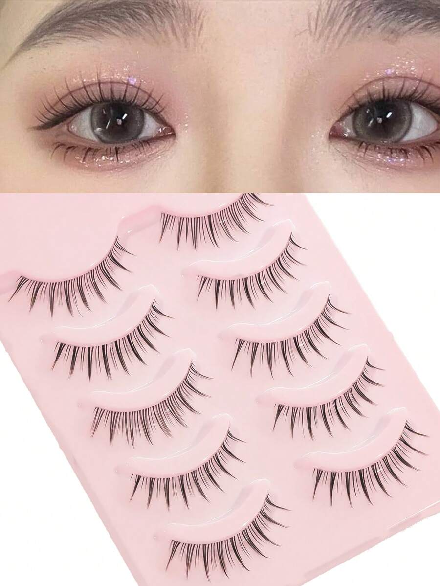 5 Pairs Full Strip Style False Eyelashes - Natural Curl, Thick, Long, Soft, Crossed, Winged, Black Band But Not Scratchy, Charming Cartoonish Looking, Reusable, Suitable For Daily Life, European And American Style, Portable, Easy To Apply