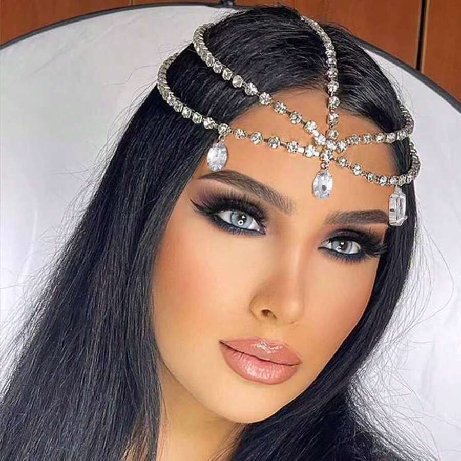 1 pièce Chaîne de tête multicouche style bohème avec strass, bijou de front en cristal goutte d'eau, accessoires de cheveux à gland avec cubic zirconia artificiel, nouveautés européennes et américaines, bijoux de tête, bijoux de cheveux