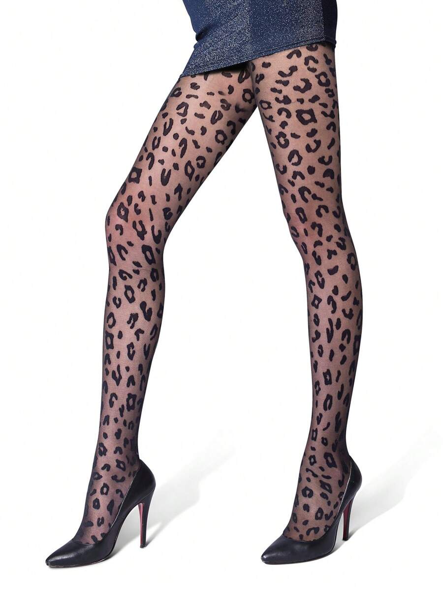 1pc 50D Leopard Print Tight Leggings, Sexy Retro Jacquard Shaping Hosiery Tights, Lightweight Slim Leg Pantyhose For Women, Suitable For All Seasons