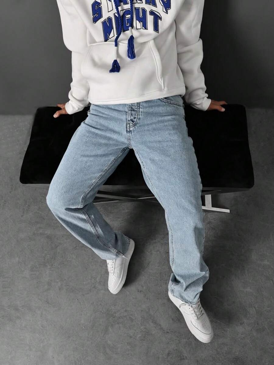 Pantalones vaqueros rectos sueltos para hombre, de unicolor, con estilo casual minimalista retro de calle, con vibra juvenil deportiva universitaria. Los detalles incluyen botones, bolsillos y cremallera. Adecuados para uso diario, para ir al trabajo, actividades al aire libre y reuniones.