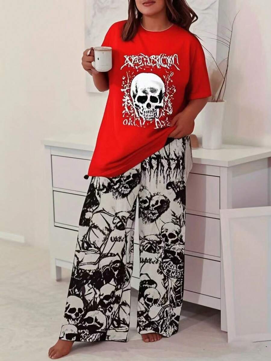 2-delige plus-size nachtkledingset met gotische schedelprint voor dames - zachte top met korte mouwen van polyestermix en comfortabele broek, geschikt voor lente, zomer en vakantie