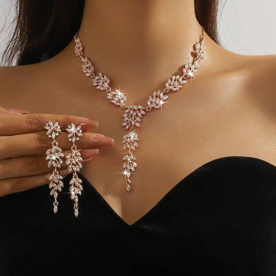 3 pièces/Set Collier pendentif à l'épi de blé avec strass et boucles d'oreilles, ensemble de bijoux pour accessoire de mariage et fête