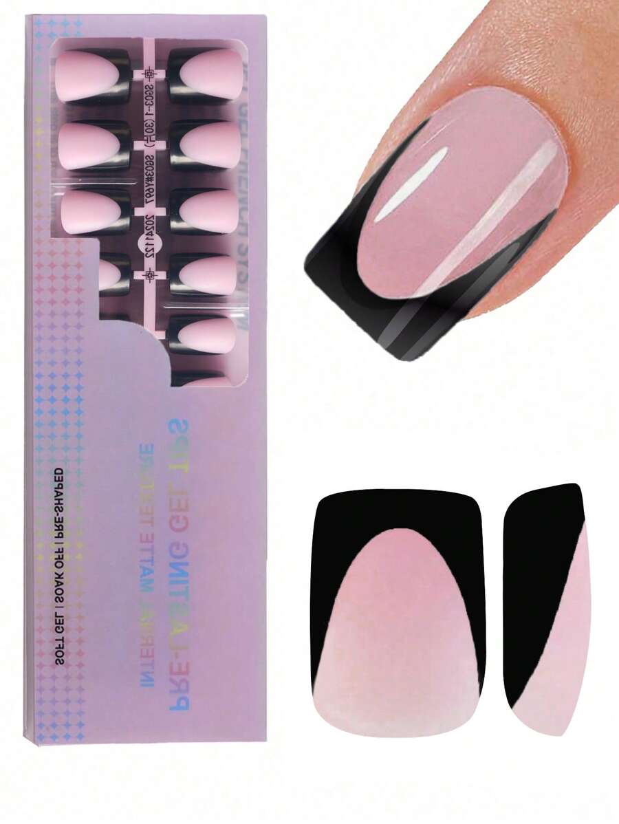 Kit de 150 uñas acrílicas francesas rosa y negro en forma cuadrada corta - 15 tamaños, puntas de uñas negras con pegamento, diseño de salón de manicura DIY, ideal para uñas postizas para mujeres