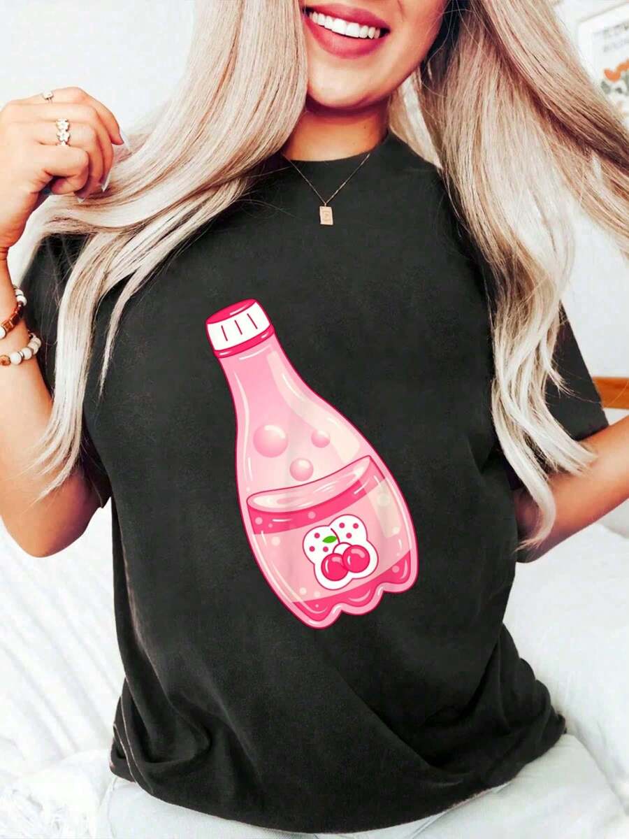 Camiseta de algodón con gráfico de soda de jugo de cereza, con estilo lindo y kawaii de Harajuku Fairy Kei para mujer, de cuello redondo y manga corta, top casual
