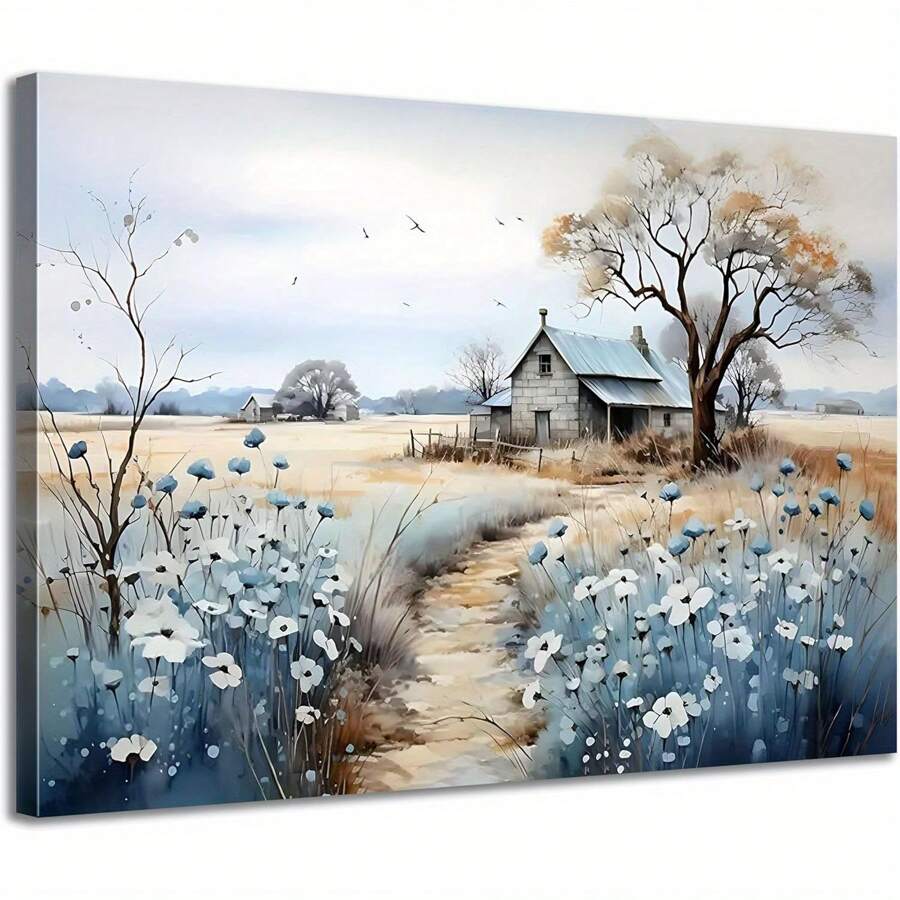 2D Flat-Rustic Farmhouse Canvas Wall Art Beautiful Field Painting Wildflower Barn Print Nature Scenery Picture French Countryside For Bathroom Bedroom Living Room Wall Decor (Wrapped Canvas Framed MADE In USA)-Wrapped Canvas