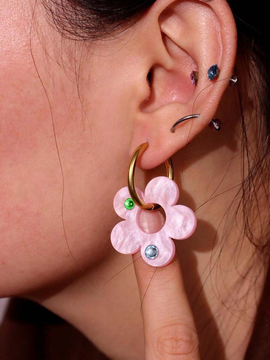 One Pair Of Alloy Acrylic Earrings With Detachable Transparent Pink Flower Pendant Hoop Earrings With Rhinestone, Fashionable And Sweet Design For Women, Suitable For Wearing During Seaside Travel Vacation. Valentines,Mom,Mother,Mother's Day,Gift