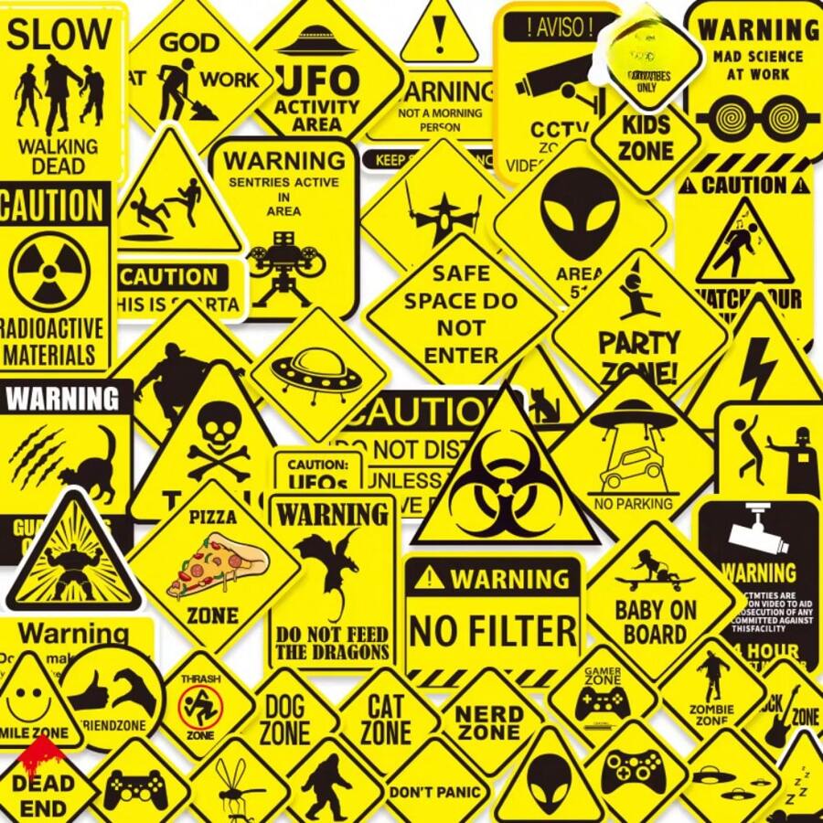 50 pièces Autocollants d'avertissement de dessin animé, autocollants drôles d'interdiction de danger pour planche à roulettes, guitare, ordinateur portable, moto, voiture, jouet classique, décalcomanies cool, fournitures scolaires, rentrée scolaire