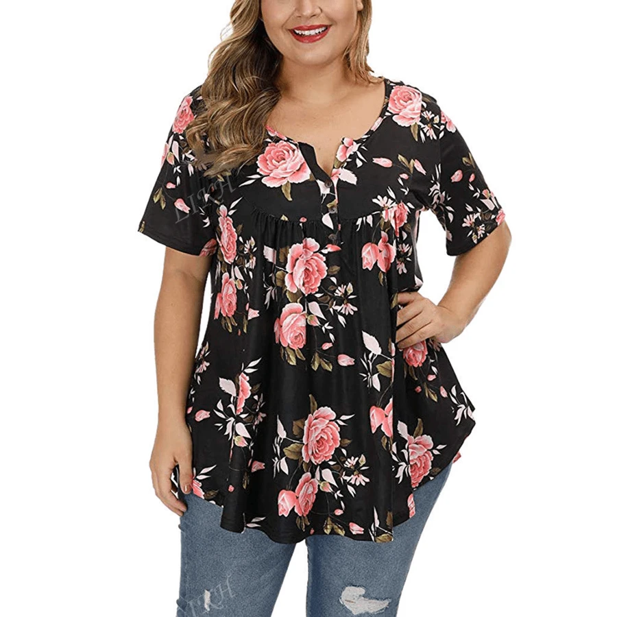 Maglietta casual da donna taglia curvy, con scollo a V e bottoni, stampa floreale, adatta per primavera/estate