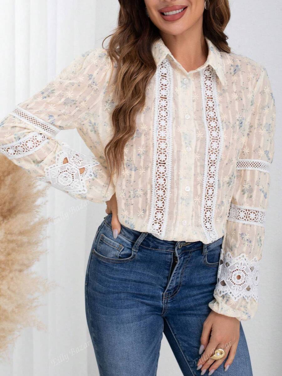 Eilly Bazar Women's Collared French Princess Sleeve Patchwork Floral Embroidery Long Sleeve Vacation Shirt, Spring/Summer