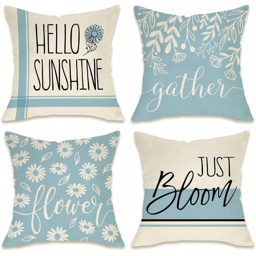 4 PIEZAS Funda de almohada decorativa "Hola sol", funda de almohada para porche, patio y exterior con flores margaritas azules de primavera y verano, funda de cojín para sofá "Solo florece" para decoración del hogar, una sola cara sin relleno de almohada