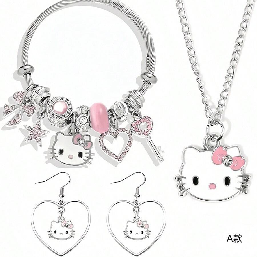 Conjunto con licencia de Sanrio de Hello Kitty de 3 piezas - Pulsera, Collar, Aretes con colgante en forma de corazón, ajustable, Charm de personaje de dibujos animados, joyería de metal rosa, regalo dulce de cumpleaños o San Valentín para niñas, amigos y familia
