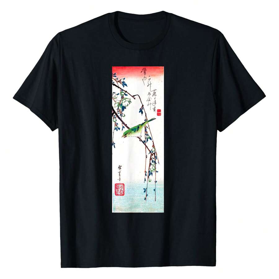 Japanese Art, Hiroshige Woodblock Art Design Tee Warbler Graphic Tees Short Sleeve Casual Women Men T Shirts 100% Cotton Tee Shirt Womens Summer Tops Funny Print Women's T-Shirts Soft Comfy Everyday Wear Daily Gift Woman Tshirt Black
